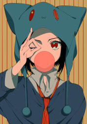 Rule 34 | 1girl, absurdres, animal hat, bad id, bad pixiv id, black hair, blowing bubbles, cat hat, chewing gum, hand over eye, hat, highres, naomato, ok sign, ok sign over eye, one eye closed, original, red eyes, shirt, short hair, simple background, solo, striped neckwear, sweater
