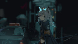 Rule 34 | 1girl, absurdres, animal ears, arknights, blurry, blurry background, car, gloves, grani (arknights), grey hair, hair between eyes, highres, hip vent, holding, holding weapon, horse ears, jacket, krisame amane, light particles, long hair, motor vehicle, open clothes, open jacket, ponytail, purple eyes, short sleeves, smile, solo, weapon