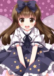 Rule 34 | 1girl, back bow, blue bow, blue dress, blue ribbon, blunt bangs, bow, brown eyes, brown hair, collared shirt, commentary request, dress, fairy, fairy wings, frilled dress, frilled shirt collar, frills, hair bow, happy, highres, long hair, looking at viewer, neck ribbon, one-hour drawing challenge, open mouth, pinafore dress, polka dot, polka dot background, puffy short sleeves, puffy sleeves, purple background, ribbon, ruu (tksymkw), shirt, short sleeves, sidelocks, simple background, sleeveless dress, solo, star (symbol), star print, star sapphire, teeth, touhou, upper teeth only, very long hair, waist bow, white shirt, wings