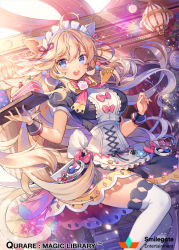 Rule 34 | 1girl, animal ears, blonde hair, blue eyes, blush, bow, breasts, cake, cat ears, company name, copyright name, food, holding, holding tray, large breasts, long hair, looking at viewer, maid, maid headdress, official art, open mouth, pink bow, qurare magic library, smile, solo, teeth, thighhighs, tray, white thighhighs, yeonwa