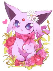 Rule 34 | azuma minatsu, blue eyes, blush, bow, creatures (company), espeon, fang, flower, game freak, gen 2 pokemon, heart, looking at viewer, nintendo, no humans, open mouth, pink bow, pink flower, pink rose, pokemon, pokemon (creature), red flower, red rose, rose, simple background, sparkle, white background