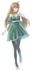 Rule 34 | 1girl, 633b, absurdres, ahoge, ballet slippers, bare shoulders, black bow, black pantyhose, bow, breasts, brown hair, cleavage, dress, frilled dress, frills, full body, gloves, green dress, green eyes, hair between eyes, hand up, headset, highres, light smile, long hair, medium breasts, pantyhose, solo, standing, transparent background, utau, very long hair, white background, white gloves