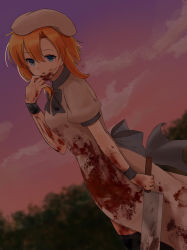 Rule 34 | 1girl, absurdres, black thighhighs, blood, blood on clothes, blood on face, bloody weapon, blue eyes, blue neckwear, dress, dutch angle, evening, gradient sky, hair between eyes, highres, higurashi no naku koro ni, holding, holding weapon, long hair, naluuu, orange hair, purple sky, red sky, ryuuguu rena, short sleeves, sky, solo, thighhighs, weapon, white dress