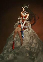 Rule 34 | 1girl, alternate costume, artist name, bare shoulders, belt, black hair, breasts, character name, cleavage, collar, dagger, detached collar, dress, elbow gloves, feather trim, final fantasy, final fantasy ix, full body, garnet til alexandros xvii, gloves, hair ornament, holding, holding dagger, holding knife, holding weapon, jewelry, knees together feet apart, knife, long hair, looking to the side, loose belt, medium breasts, orange dress, pendant, red footwear, sitting, solo, v, vhyrel, waist cape, weapon, white collar, white gloves