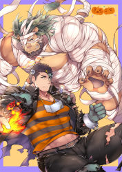 Rule 34 | 2boys, abs, alternate costume, animal hands, arsalan (housamo), arsalan (housamo) (cosplay), bandage over one eye, bandages, bara, black hair, black nails, brown fur, cosplay, costume switch, couple, cuffs, denim, fang, fire, frankenstein&#039;s monster, frankenstein&#039;s monster (cosplay), furry, furry male, green hair, halloween, halloween costume, halo, handcuffs, highres, jacket, jeans, large pectorals, leather, leather belt, leather jacket, lion boy, looking at viewer, male focus, manly, mature male, midriff peek, multicolored fur, multicolored hair, multiple boys, mummy costume, muscular, muscular male, nail polish, naked bandage, navel, nipples, official alternate costume, one eye covered, pants, pectorals, pumpkin, shirt, short hair, smirk, spiked hair, t-shirt, teeth, thick arms, thick eyebrows, thick thighs, thighs, tight clothes, tokyo houkago summoners, torn clothes, wafu (youzora samo18), white hair, yaoi, yellow eyes, zabaniyya (halloween) (housamo), zabaniyya (halloween) (housamo) (cosplay), zabaniyya (housamo)