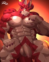 Rule 34 | 1boy, abs, bara, colored sclera, completely nude, cthugha (housamo), fangs, feet out of frame, flaccid, furry, furry male, highres, large pectorals, looking at viewer, male focus, monster boy, muscular, muscular male, navel, nipples, nude, octopus boy, paid reward available, pectorals, penis, purple eyes, reclamon, paid reward available, short hair, solo, stomach, tentacle hair, tentacles, thick thighs, thighs, tokyo houkago summoners, uncensored, yellow sclera