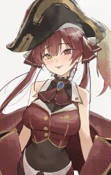 Rule 34 | 1girl, :p, arch 05x, ascot, bare shoulders, bicorne, black hat, blush, breasts, choker, cleavage, coat, covered navel, cropped jacket, frilled choker, frills, hair ribbon, hat, heterochromia, highres, hololive, houshou marine, houshou marine (1st costume), jacket, large breasts, leotard, leotard under clothes, long hair, looking at viewer, no eyepatch, pirate, pirate hat, red ascot, red eyes, red hair, red jacket, ribbon, see-through, see-through cleavage, see-through leotard, simple background, skirt, sleeveless, sleeveless jacket, solo, tongue, tongue out, twintails, virtual youtuber, white background, yellow eyes