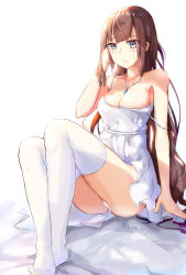 Rule 34 | 1girl, blush, breasts, brown hair, cleavage, dress, full body, grey eyes, hair down, highres, jewelry, large breasts, long hair, magatama, magatama necklace, mou zhi pingguo, nagato (warship girls r), necklace, panties, pantyshot, sitting, solo, spaghetti strap, strap slip, sweat, thighhighs, underwear, very long hair, warship girls r, white dress, white panties, white thighhighs