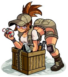 Rule 34 | 1girl, ammunition, ass, bent over, bomb, breasts, brown hair, butt crack, cleavage, explosive, fio germi, glasses, hat, huge ass, large breasts, looking at viewer, metal slug, pixel art, smile, solo, valmar