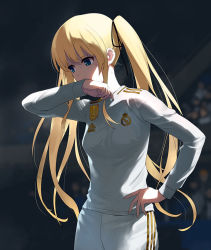 Rule 34 | 1girl, a1 (initial-g), blonde hair, blue eyes, commentary request, gloom (expression), hair ribbon, hand on own hip, long hair, long sleeves, looking away, nervous, real madrid, ribbon, saenai heroine no sodatekata, sawamura spencer eriri, soccer uniform, solo, sportswear, stadium, sweat, twintails