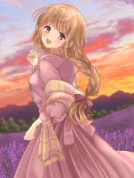 Rule 34 | 1girl, :d, arm up, blunt bangs, blurry, blurry background, braid, braided ponytail, brown hair, dutch angle, field, fingernails, flower, flower field, forest, gradient sky, head tilt, high-waist skirt, kompeitou (lemon garden), lavender (flower), light blush, long hair, long sleeves, looking at viewer, looking back, mountainous horizon, nail polish, nature, open mouth, original, outdoors, plaid, plaid scarf, purple eyes, purple shirt, purple skirt, scarf, shirt, skirt, sky, smile, solo, sunset, teeth, upper teeth only