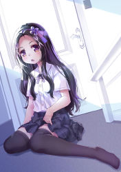 Rule 34 | 1girl, 54hao, black hair, black skirt, black thighhighs, blush, collared shirt, door, dress shirt, forehead, hair ornament, highres, indoors, long hair, looking at viewer, no shoes, open mouth, original, parted bangs, plaid, plaid skirt, pleated skirt, purple eyes, shirt, short sleeves, sitting, skirt, solo, thighhighs, very long hair, white shirt, x hair ornament
