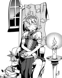 Rule 34 | 1girl, alice margatroid, book, candle, chair, doll, female focus, fire, forest, greyscale, hairband, kannazuki hato, monochrome, nature, shanghai doll, short hair, simple background, sleeping, solo, touhou, window