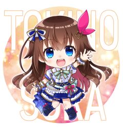 Rule 34 | 1girl, :d, blue eyes, bow, bowtie, brown hair, character name, chibi, hair flaps, hair ornament, hand up, hololive, hololive idol uniform (bright), jacket, layered skirt, long hair, looking at viewer, open mouth, outstretched hand, overskirt, puffy short sleeves, puffy sleeves, red ribbon, ribbon, shirt, short sleeves, skirt, smile, solo, souma mizuki, star (symbol), star hair ornament, teeth, tokino sora, underbust, upper teeth only, virtual youtuber, waving, white jacket, white shirt, white skirt