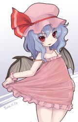 Rule 34 | 1girl, alternate costume, black wings, blue hair, blush, commentary request, covered navel, cowboy shot, dated, demon wings, dress, fang, flat chest, frilled ribbon, frills, hat, hat ribbon, highres, kei jiei, looking at viewer, medium hair, mob cap, one-hour drawing challenge, open mouth, pink dress, pink hat, red eyes, red ribbon, remilia scarlet, ribbon, see-through, see-through dress, smile, solo, sundress, touhou, wavy hair, wings