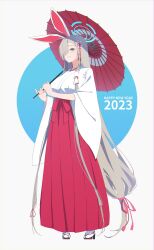 Rule 34 | 1girl, 2023, absurdly long hair, animal ears, asuna (blue archive), azegome, blue archive, highres, japanese clothes, kimono, long hair, low-tied long hair, new year, pinky out, rabbit ears, umbrella, very long hair, white background