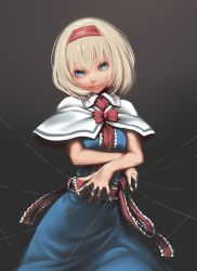 Rule 34 | 1girl, alice margatroid, belt, blonde hair, blue dress, blue eyes, bow, bowtie, breasts, capelet, closed mouth, commentary request, crossed arms, dress, frills, gradient background, grey background, hair between eyes, hairband, highres, kawayabug, looking at viewer, medium breasts, red belt, red bow, red bowtie, red hairband, short hair, short sleeves, smile, solo, standing, touhou, white capelet