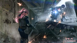 Rule 34 | 1girl, advarcher, cityscape, cosplay, firing, from behind, grey sky, gun, high ponytail, highres, holding, holding gun, holding weapon, hololive, hololive english, lens flare, long hair, mecha, metal gear (series), metal gear rex, metal gear solid, mori calliope, pink hair, robot, sky, solid snake, solid snake (cosplay), virtual youtuber, weapon