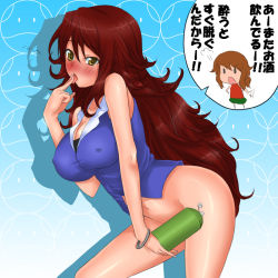 Rule 34 | 00s, 2girls, blue background, blush, bottle, bottomless, bracelet, breasts, brown hair, censored, chibi, christina sierra, cleavage, collarbone, convenient censoring, covered erect nipples, covering privates, full body, gundam, gundam 00, haro, holding, jewelry, large breasts, leaning forward, licking, licking finger, long hair, multiple girls, nose blush, nude cover, open mouth, rokuichi, scolding, shirt, silhouette, sleeveless, solid oval eyes, sumeragi lee noriega, tongue, tongue out, translation request, very long hair, water bottle, yellow eyes