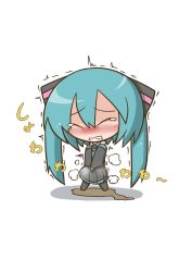 Rule 34 | 1girl, aqua hair, aqua necktie, bare shoulders, between legs, black legwear, black shirt, black skirt, blush, chibi, clenched teeth, closed eyes, detached sleeves, embarrassed, female focus, full body, hair ribbon, hand between legs, hatsune miku, have to pee, highres, japanese text, long hair, miniskirt, necktie, nose blush, ooyama bokuchi, peeing, peeing self, pleated skirt, puddle, ribbon, shirt, simple background, skirt, sleeveless, sleeveless shirt, solo, standing, steam, tears, teeth, translation request, trembling, twintails, v arms, very long hair, vocaloid, wet, wet clothes, white background
