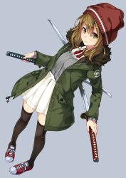 Rule 34 | 1girl, beanie, brown eyes, brown hair, brown thighhighs, buttons, closed mouth, coat, collared shirt, dress, dual wielding, full body, fur-trimmed coat, fur trim, green coat, grey background, hair between eyes, hat, highres, holding, holding sword, holding weapon, katana, legs apart, long sleeves, looking at viewer, miniskirt, neck ribbon, open clothes, open coat, original, pigeon-toed, pocket, red footwear, red hat, red ribbon, reverse grip, ribbon, shirt, shoelaces, shoes, short hair, simple background, skirt, skirt set, smile, sneakers, solo, standing, star (symbol), star print, sword, thighhighs, unasaka ryou, weapon, white shirt, white skirt