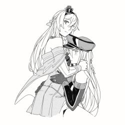Rule 34 | bismarck (kancolle), braid, crown, detached sleeves, dress, french braid, greyscale, hat, kantai collection, long hair, long sleeves, military, military uniform, mini crown, monochrome, off-shoulder dress, off shoulder, peaked cap, uniform, warspite (kancolle), weidashming