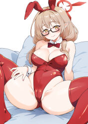 Rule 34 | 1girl, animal ears, ass, bare hips, bare shoulders, black-framed eyewear, blue archive, blush, bow, bowtie, breasts, brown eyes, brown hair, cameltoe, chinatsu (blue archive), cleavage, closed mouth, covered navel, detached collar, fake animal ears, hair over shoulder, halo, head tilt, highleg, highleg leotard, highres, large breasts, leotard, long hair, pillow, pink nails, playboy bunny, pointy ears, rabbit ears, red bow, red bowtie, red halo, red leotard, red thighhighs, sitting, smile, solo, souen hiro, spread legs, thighhighs, traditional bowtie, wrist cuffs