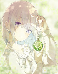 Rule 34 | 1girl, arm up, blue eyes, blue hair, blurry, blurry background, blurry foreground, blush, bow, commentary request, depth of field, dress, flower, fujiwara mizuki, grey bow, grey hair, hair between eyes, hand up, herbarium, highres, holding, lily of the valley, long sleeves, looking at viewer, multicolored hair, original, parted lips, solo, two-tone hair, upper body, white dress, white flower