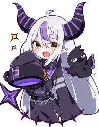 Rule 34 | 1girl, ahoge, bikini, black coat, black horns, blush, braid, braided bangs, chibi, coat, collar, commentary, cropped legs, crow (la+ darknesss), demon girl, demon horns, double-parted bangs, fang, grey hair, hair between eyes, hololive, horns, la+ darknesss, long hair, long sleeves, looking at viewer, metal collar, multicolored hair, open mouth, pointy ears, purple hair, purple horns, rabiiandrain, skin fang, sleeves past fingers, sleeves past wrists, solo, sparkle, streaked hair, striped bikini, striped clothes, striped horns, swimsuit, symbol-only commentary, tail, trench coat, very long hair, virtual youtuber, white background, yellow eyes