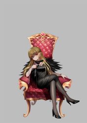 Rule 34 | 1girl, 4b, armchair, bad id, bad pixiv id, black dress, black footwear, black pantyhose, blonde hair, breasts, chain, chair, cleavage, closed mouth, crossed legs, dress, earrings, grey background, gun, handgun, high heels, highres, holding, holding gun, holding weapon, jewelry, long hair, looking at viewer, medium breasts, on chair, original, pantyhose, red eyes, revolver, shoes, simple background, solo, very long hair, weapon