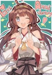Rule 34 | 1girl, ahoge, anniversary, blue eyes, blush, breasts, brown hair, detached sleeves, double bun, frilled skirt, frills, hair bun, hairband, heart, highres, japanese clothes, kantai collection, kongou (kancolle), large breasts, long hair, nontraditional miko, one eye closed, open mouth, picoli1313, ribbon-trimmed sleeves, ribbon trim, simple background, skirt, solo, upper body, wide sleeves