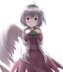 Rule 34 | 1girl, angel wings, blush, box, bright background, closed mouth, commentary request, cowboy shot, feathered wings, gift, gift box, hands up, highres, holding, holding gift, jacket, kishin sagume, kuro (baseball0000), long sleeves, looking at viewer, open clothes, open jacket, purple shirt, purple skirt, red eyes, shirt, short hair, silver hair, single wing, skirt, smile, solo, standing, touhou, valentine, wings