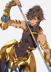 Rule 34 | 1boy, :d, ahoge, arm armor, armor, brown hair, commentary, dark-skinned male, dark skin, earrings, egyptian clothes, fate/grand order, fate/prototype, fate/prototype: fragments of blue and silver, fate (series), feet out of frame, grey background, highres, holding, holding clothes, holding scarf, jewelry, kaa, looking at viewer, male focus, open mouth, ozymandias (fate), scarf, short hair, simple background, smile, solo, yellow eyes