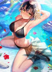 Rule 34 | 1girl, absurdres, arched back, arm behind head, arm up, armpits, bare arms, bare legs, bare shoulders, bikini, black bikini, blonde hair, blue sky, blush, breasts, cleavage, closed mouth, cloud, collarbone, commentary request, day, fate/grand order, fate (series), flower, from above, full body, hair between eyes, hair flower, hair ornament, headpiece, hibiscus, highres, horizon, innertube, jeanne d&#039;arc (fate), jeanne d&#039;arc alter (avenger) (fate), jeanne d&#039;arc alter (fate), large breasts, looking at viewer, navel, nayuta (una), ocean, outdoors, palm tree, petals, petals on liquid, rainbow, red flower, rock, sandals, sarong, see-through, shadow, shiny skin, short hair, sidelocks, sitting, skirt, sky, smile, smug, solo, sparkle, stomach, sunlight, swim ring, swimsuit, tree, wariza, water drop, wet, white flower, white skirt, yellow eyes