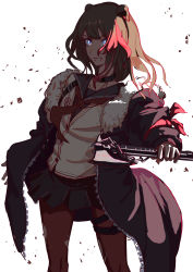 Rule 34 | 1girl, absurdres, animal ears, arknights, axe, bear ears, black jacket, black skirt, blue eyes, breasts, brown hair, buttons, choker, clenched teeth, cowboy shot, fur-trimmed jacket, fur trim, hatchet, hatchet (axe), highres, jacket, light, long sleeves, looking at viewer, medium hair, miniskirt, multicolored hair, open clothes, open jacket, pantyhose, piao miao, pleated skirt, red hair, red pantyhose, sailor collar, school uniform, serafuku, shirt, simple background, skirt, small breasts, solo, standing, teeth, thigh strap, torn clothes, torn pantyhose, two-tone hair, white background, zima (arknights)