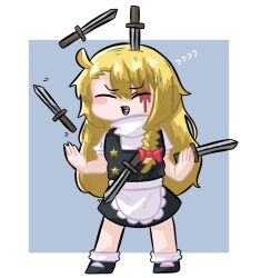 Rule 34 | 1girl, ahoge, apron, black footwear, black skirt, black vest, blonde hair, blood, blood on face, blue background, blush, bow, braid, closed eyes, commentary request, cookie (touhou), flying sweatdrops, full body, hair between eyes, hair bow, highres, holding, holding knife, juggling, kirisame marisa, knife, knife in head, knifed, long hair, mary janes, medium bangs, object through head, open mouth, puffy short sleeves, puffy sleeves, red bow, shirt, shoes, short sleeves, side braid, simple background, single braid, skirt, skirt set, smile, socks, solo, standing, suzu (cookie), sznkrs, touhou, turtleneck, two-tone background, v-shaped eyebrows, vest, waist apron, white apron, white background, white shirt