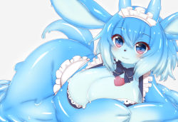Rule 34 | 1girl, :3, animal ears, animal nose, blue eyes, blush, breasts, cleavage, closed mouth, furry, furry female, heart, highres, horns, horokusa (korai), large breasts, looking at viewer, maid, monster girl, multicolored eyes, original, pink eyes, slime (substance), slime girl, smile, solo, tail