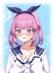 Rule 34 | 1girl, @ @, absurdres, ahoge, anchor symbol, blue headband, blush, bob cut, colored inner hair, crying, crying with eyes open, frilled sailor collar, frills, headband, highres, hoangnc4, hololive, jacket, looking at viewer, minato aqua, minato aqua (sailor), multicolored hair, official art, open mouth, pink eyes, sailor collar, school uniform, short hair, solo, tears, two-tone hair, virtual youtuber, white jacket