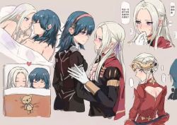 Rule 34 | afterglow, aftersex, backless outfit, blue hair, blush, byleth (female) (fire emblem), byleth (fire emblem), edelgard von hresvelg, fire emblem, fire emblem: three houses, hairband, nintendo, nude, sleeping, translation request, white hair, yuri