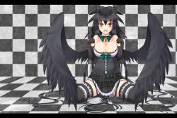 Rule 34 | 1girl, alternate costume, bare shoulders, black gloves, black hair, black thighhighs, blush, bow, bowtie, breasts, checkered background, cleavage, elbow gloves, frilled skirt, frills, full body, gloves, gmot, hair bow, highres, jewelry, large breasts, long hair, looking at viewer, open mouth, pendant, plaid, plaid bow, plaid bowtie, plaid neckwear, plaid skirt, radiation symbol, red eyes, reiuji utsuho, sitting, skirt, solo, thighhighs, touhou, unmoving pattern, very long hair, wariza, wings