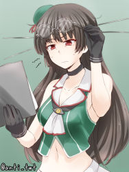 Rule 34 | 10s, 1girl, anti (untea9), bags under eyes, brown eyes, choker, choukai (kancolle), choukai kai ni (kancolle), clipboard, glasses lift, gloves, green background, hair ornament, hair stick, hat, holding, kantai collection, midriff, navel, red hair, simple background, solo, squiggle, sweat, twitter username, upper body, wavy mouth