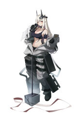 Rule 34 | 1girl, absurdres, arknights, armband, black footwear, black gloves, boots, bottle, breasts, chest sarashi, cleavage, crop top, ear piercing, full body, gloves, hair intakes, hair ornament, hammer, highres, holding, holding bottle, horns, infection monitor (arknights), jumpsuit, long hair, looking at viewer, magictuna, material growth, medium breasts, midriff, mudrock (arknights), mudrock (elite ii) (arknights), navel, open mouth, oripathy lesion (arknights), piercing, pointy ears, red eyes, sarashi, sledgehammer, solo, standing, sweat, tank top, water bottle, white background, white hair