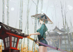 Rule 34 | 1girl, ajirogasa, architecture, black ribbon, black shirt, building, capelet, closed mouth, commentary, cowboy shot, east asian architecture, fog, from side, green capelet, green eyes, grey hair, grey shorts, hand on hilt, hat, hat ribbon, konpaku youmu, lantern, lips, looking at viewer, looking to the side, outdoors, ribbon, rope, shimenawa, shirt, short hair, shorts, shrine, snow, snowing, solo, sword, touhou, tree, tzafra, weapon, wooden lantern