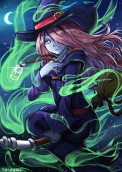 Rule 34 | 10s, absurdres, artist name, broom, broom riding, crescent moon, hair over one eye, hat, hat belt, highres, little witch academia, long hair, moon, night, night sky, pink hair, potion, red eyes, robe, school uniform, sidesaddle, sky, solo, star (sky), sucy manbavaran, witch hat, yo-roppa