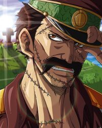 Rule 34 | 1boy, artist name, bbdbg03, black hair, brown eyes, facial hair, genzo (one piece), grave, hand on headwear, hat, highres, male focus, mustache, one piece, open mouth, scar, scar across eye, scar on face, short hair, signature, solo, tombstone, uniform