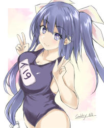 Rule 34 | 1girl, blue hair, blue one-piece swimsuit, gakky, hair ribbon, i-19 (kancolle), kantai collection, long hair, name tag, one-hour drawing challenge, one-piece swimsuit, red eyes, ribbon, school swimsuit, solo, star-shaped pupils, star (symbol), swimsuit, symbol-shaped pupils, tri tails