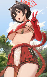 Rule 34 | 1girl, :o, absurdres, animal ears, black eyes, black hair, black ribbon, blue archive, blurry, blurry background, blush, breasts, cleavage, cloud, cowboy shot, dutch angle, elbow gloves, from below, gloves, hair between eyes, halo, hand on own hip, highres, kawa683, large breasts, looking at viewer, midriff, open mouth, outdoors, parted lips, pleated skirt, red gloves, red sailor collar, red skirt, revealing clothes, ribbon, rope, sailor collar, short hair, side-tie skirt, sideboob, skirt, sky, solo, tassel, tree, tsubaki (blue archive), underboob, v