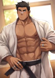 Rule 34 | 1boy, abs, artist name, bandaid, bandaid on face, bandaid on hand, bara, belt, black hair, blurry, blurry background, blush, dougi, facial hair, feet out of frame, hakama, highres, japanese clothes, large pectorals, light particles, looking at viewer, male focus, manly, mature male, muscular, muscular male, navel, nipples, original, pectorals, short hair, signature, spiked hair, stubble, sunlight, sweat, sweatdrop, window, zifu