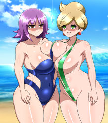 Rule 34 | 2girls, absurdres, alternate breast size, aurea juniper, beach, blonde hair, blue one-piece swimsuit, blue sky, breast press, breasts, breasts squeezed together, creatures (company), earrings, empty eyes, game freak, green one-piece swimsuit, hand on own hip, highres, hug, hypnosis, jewelry, large breasts, looking to the side, mind control, multiple girls, nintendo, ocean, one-piece swimsuit, pendulum, philena ivy, plump, pokemon, pokemon (anime), pokemon (classic anime), pokemon bw, purple hair, shiny clothes, shiny skin, sky, slingshot swimsuit, smile, standing, swimsuit, water, wide hips, yensh