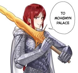 Rule 34 | 1girl, armor, cape, chainmail, commentary, elden ring, english commentary, english text, eyelashes, gauntlets, hanny (uirusu chan), highres, holding, holding sword, holding weapon, long hair, looking at viewer, red eyes, red hair, sidelocks, simple background, smile, solo, speech bubble, standing, sword, tarnished (elden ring), teeth, weapon, white background, white cape